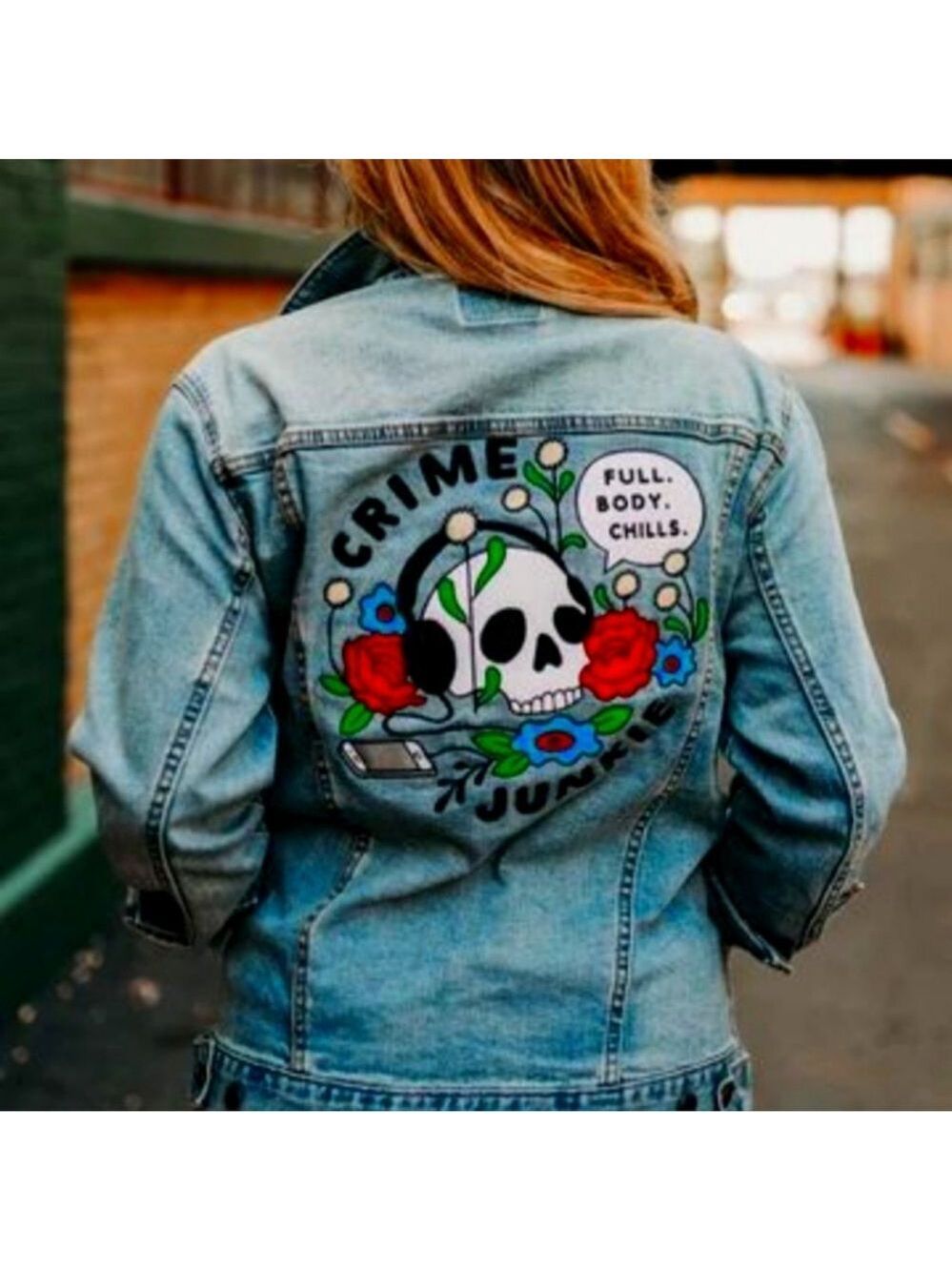 RARE Crime Junkie Podcast Full Body Chills Skull Denim Jacket Medium